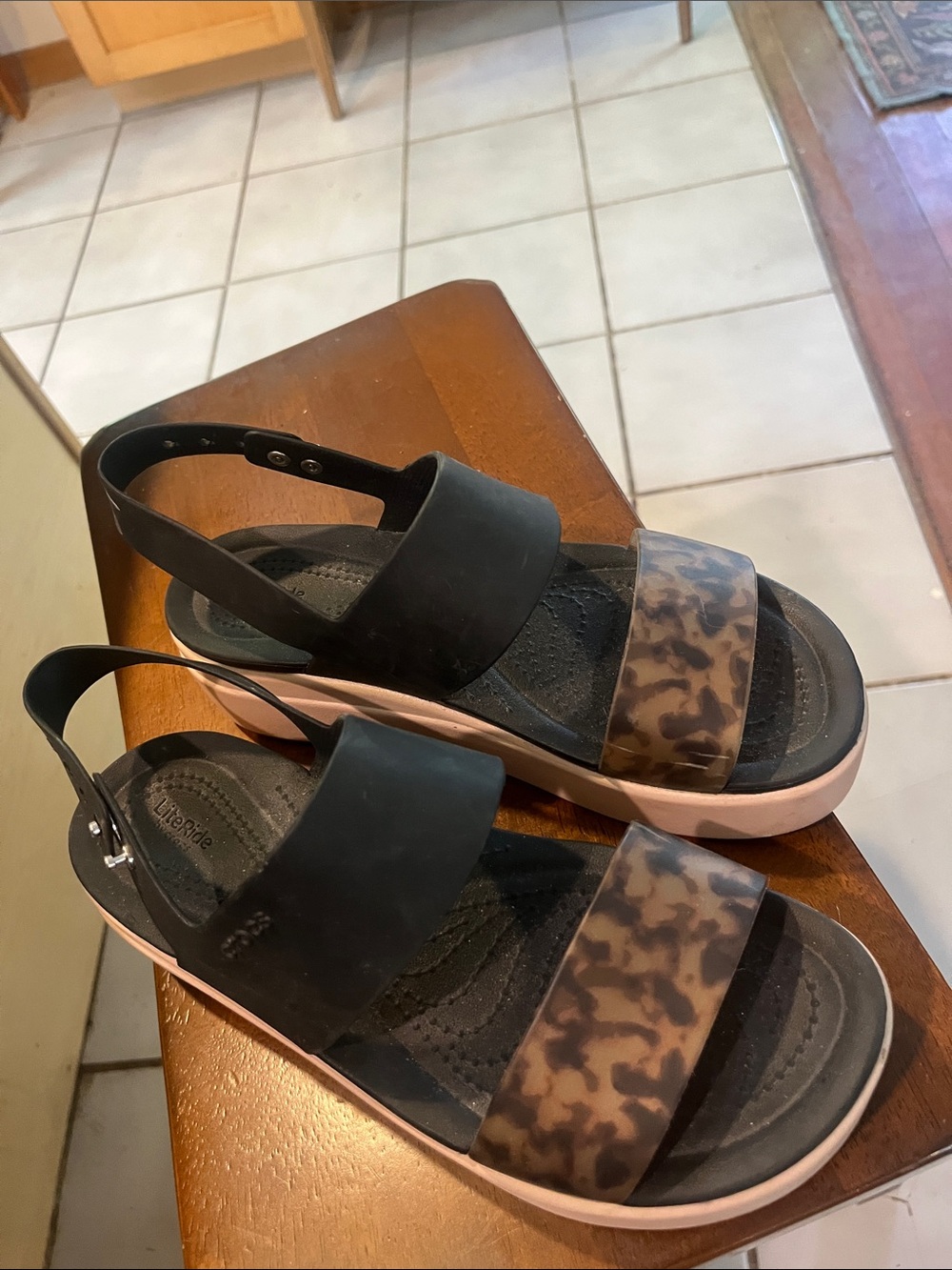 CROCS Black and Pink Platform Sandals with Leopard-Print Strap - Picture 2 of 2